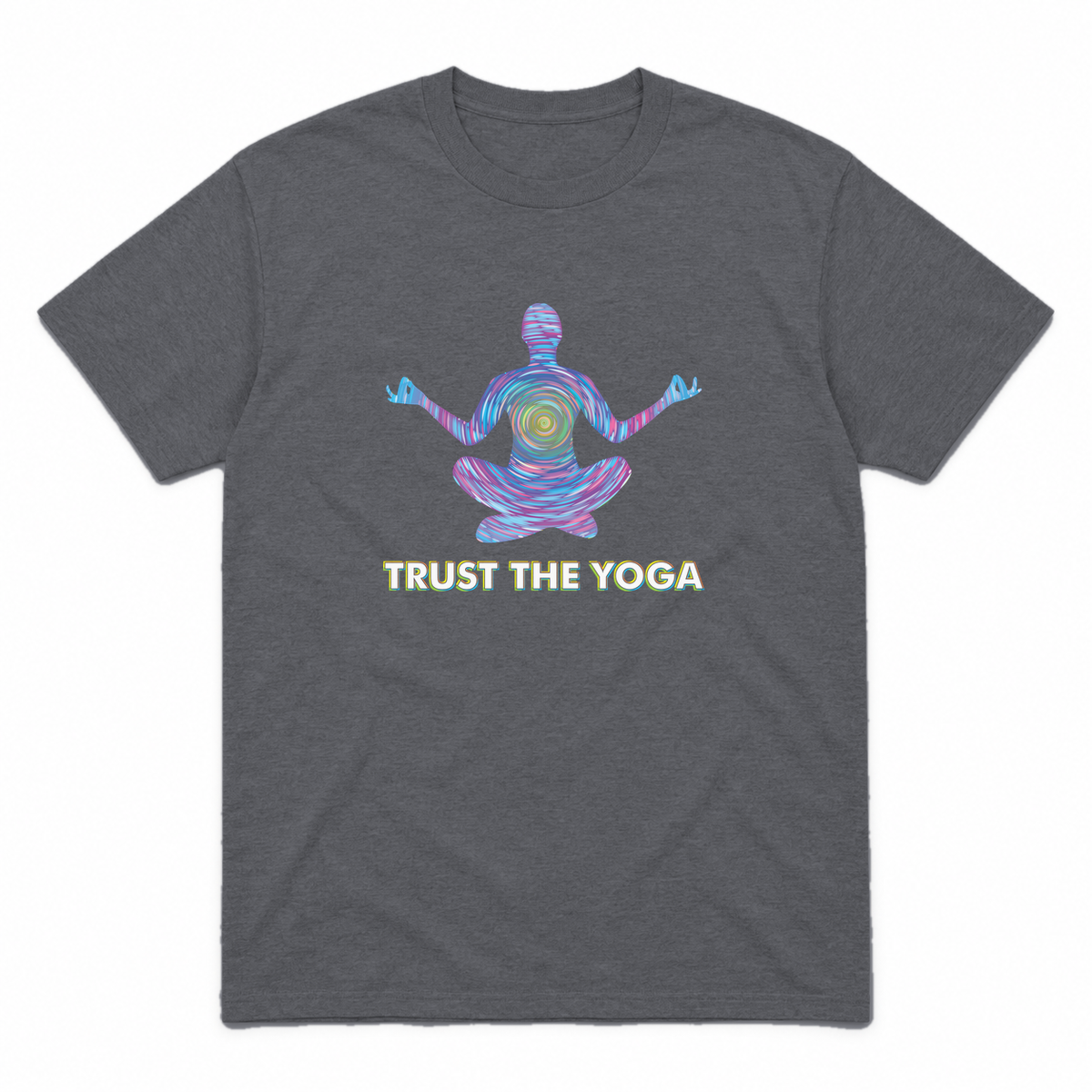 Trust the Yoga graphic tee in charcoal with white lettering, front view
