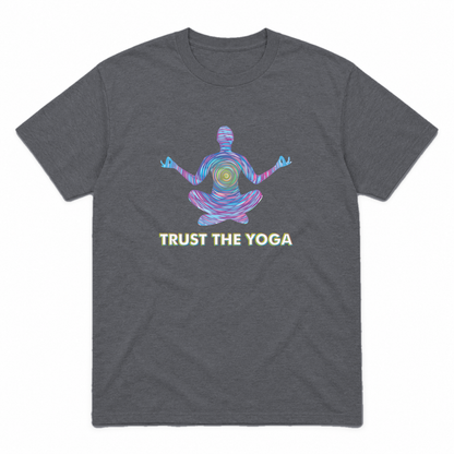 Trust the Yoga graphic tee in charcoal with white lettering, front view