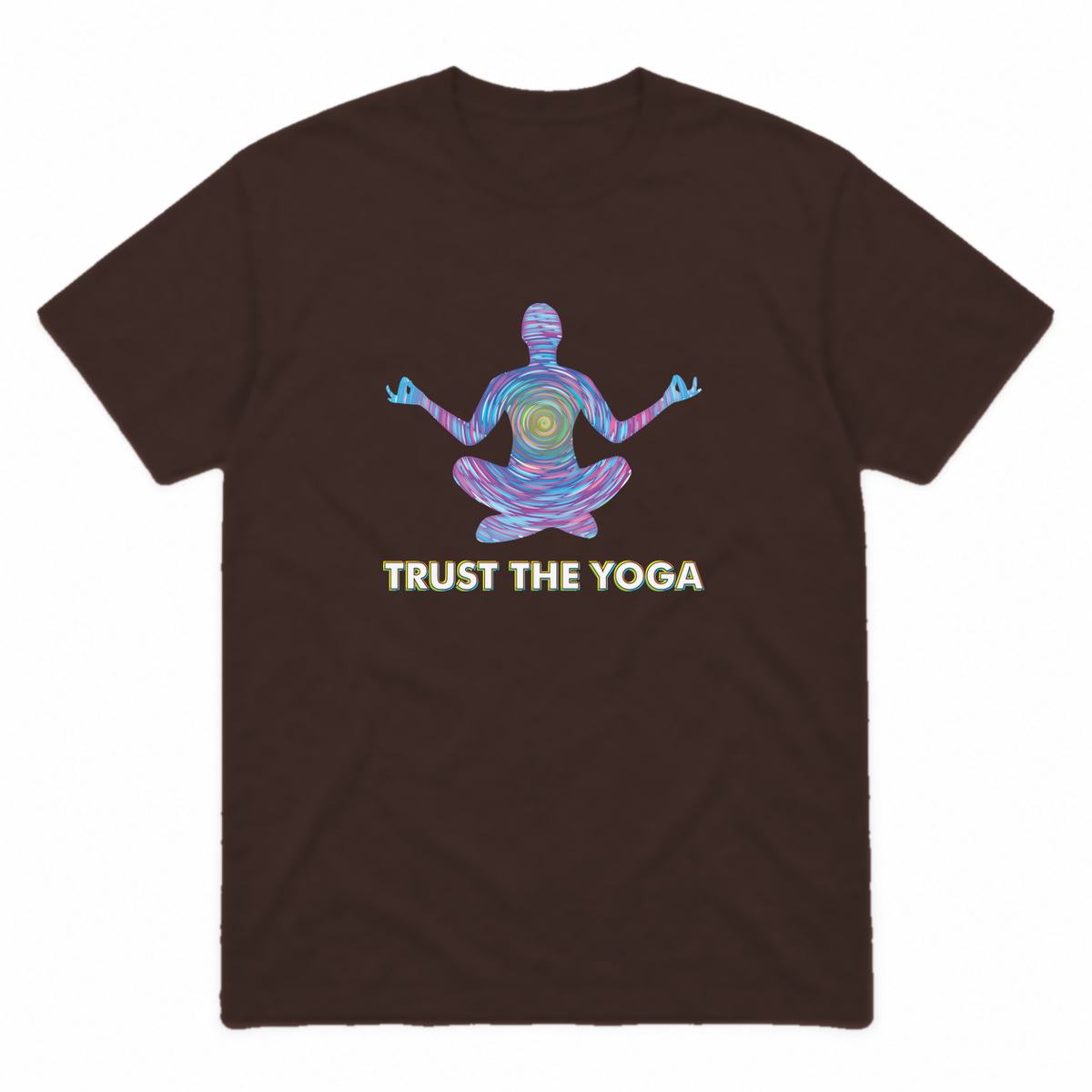 Trust the Yoga graphic tee in dark chocolate with white lettering, front view