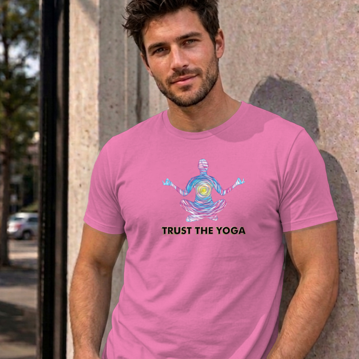 Man wearing the azalea Trust the Yoga graphic tee