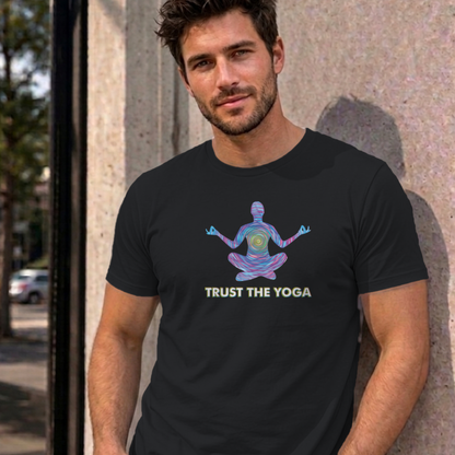 Man wearing the black Trust the Yoga graphic tee