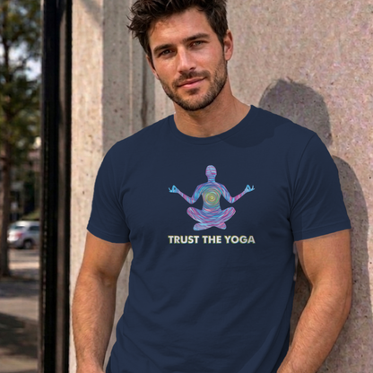 Man wearing the navy Trust the Yoga graphic tee