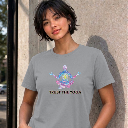 Woman wearing the sport grey Trust the Yoga graphic tee