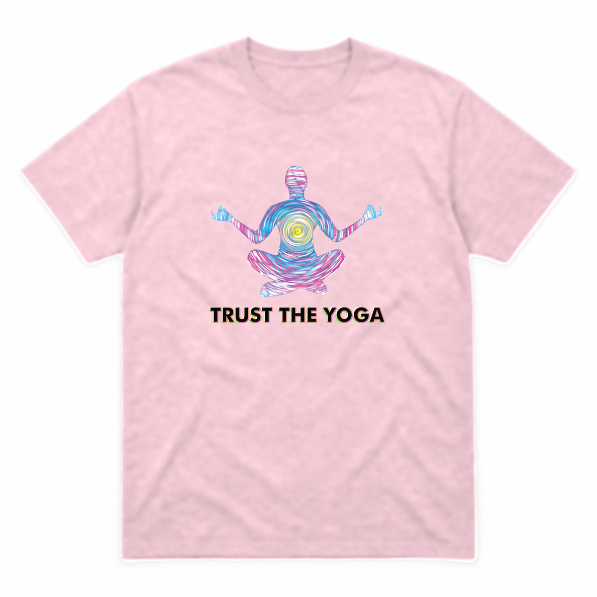 Trust the Yoga graphic tee in light pink with black lettering, front view