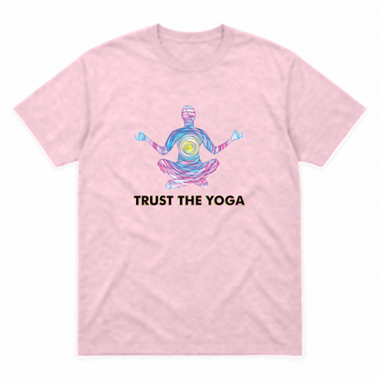 Trust the Yoga graphic tee in light pink with black lettering, front view