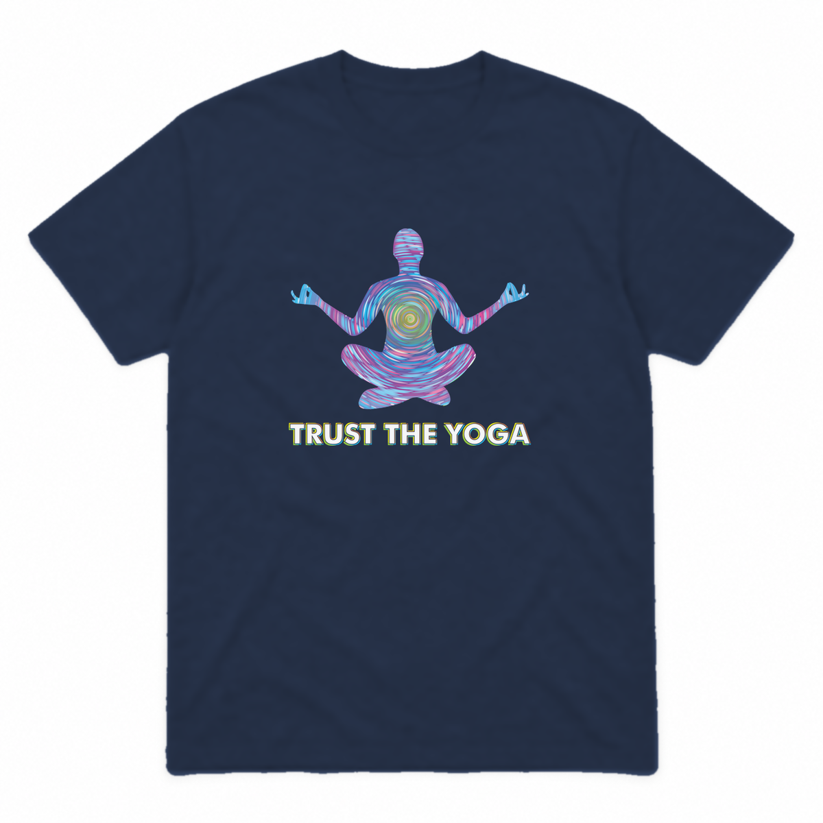 Trust the Yoga graphic tee in navy with white lettering, front view