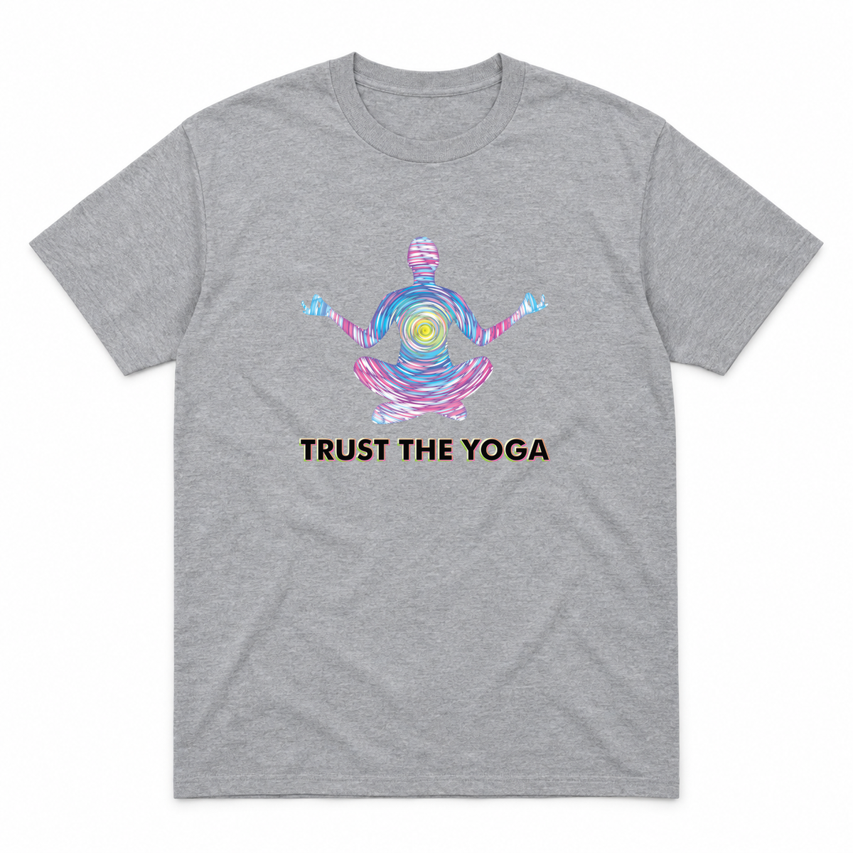 Trust the Yoga graphic tee in sport grey with black lettering, front view