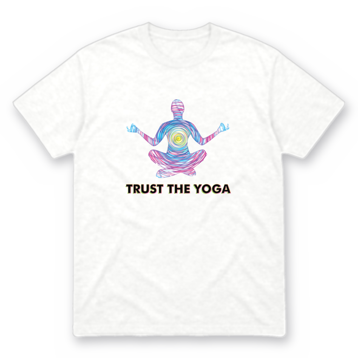 Trust the Yoga graphic tee in white with black lettering, front view