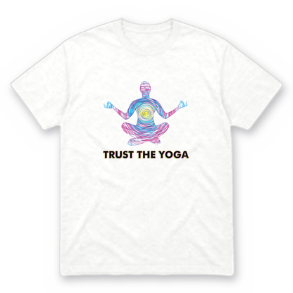 Trust the Yoga graphic tee in white with black lettering, front view