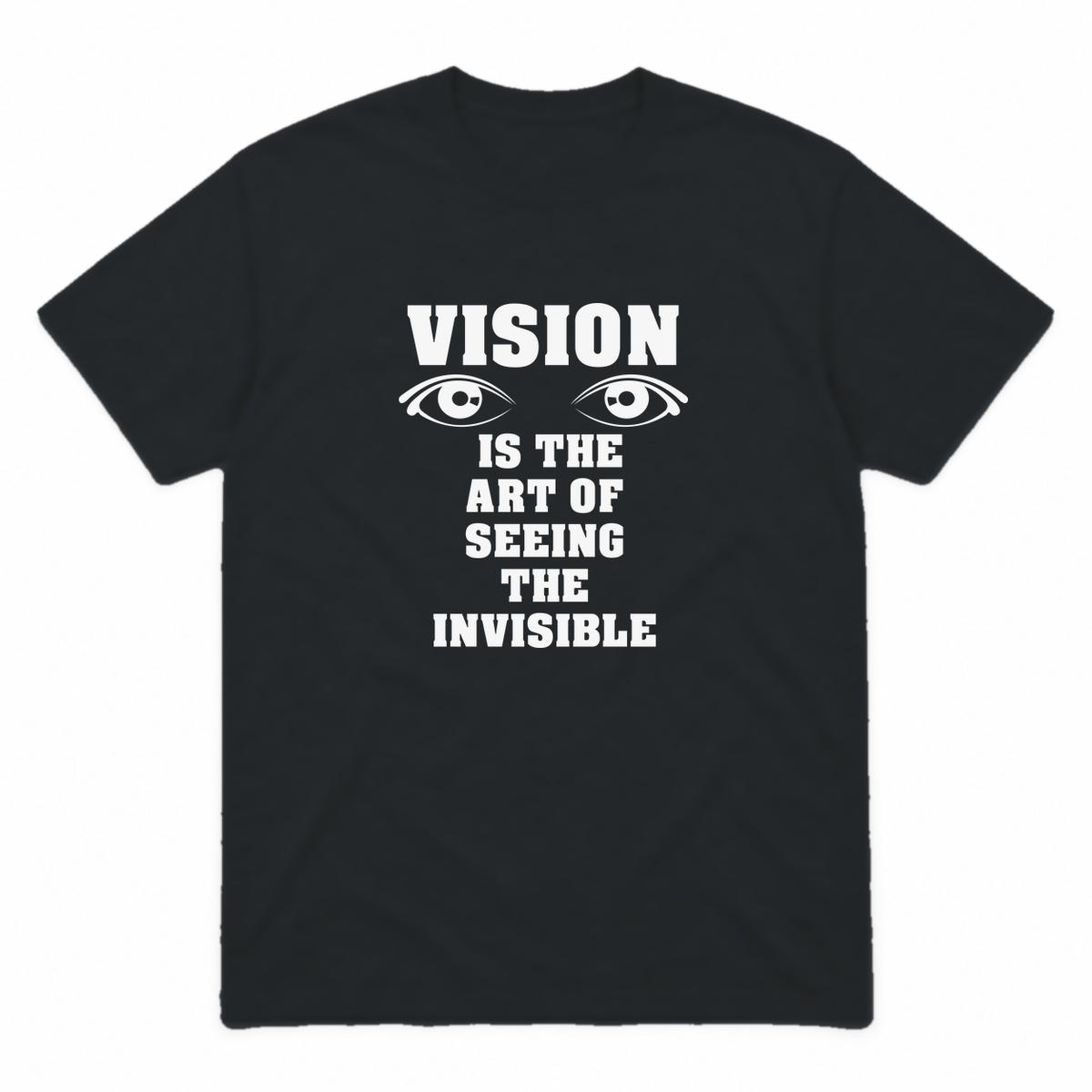 Vision graphic tee in black with white print, front view