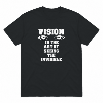 Vision graphic tee in black with white print, front view