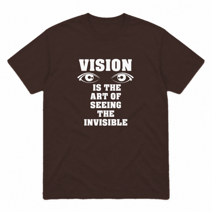 Vision graphic tee in dark chocolate with white print, front view