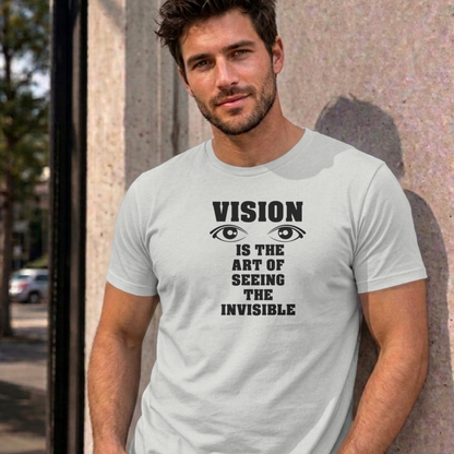 Man wearing the ash Vision graphic tee