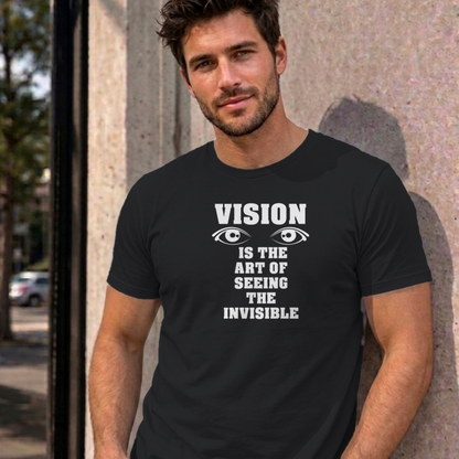 Man wearing the black Vision graphic tee
