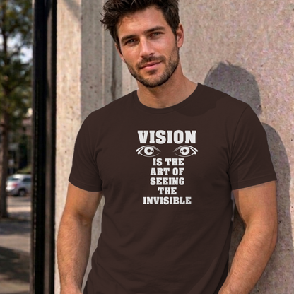 Man wearing the dark chocolate Vision graphic tee