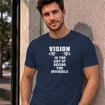Man wearing the navy Vision graphic tee