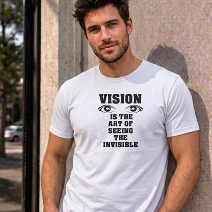 Man wearing the white Vision graphic tee