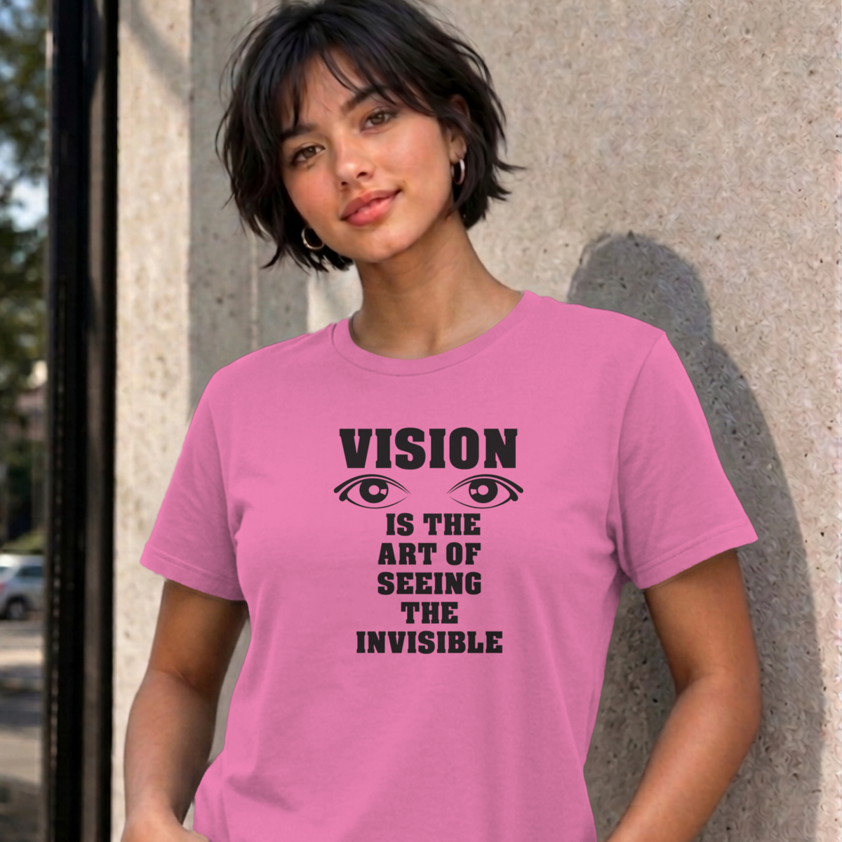 Woman wearing the azalea Vision graphic tee