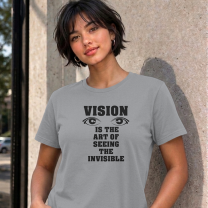 Woman wearing the sport grey Vision graphic tee