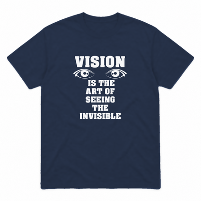 Vision graphic tee in navy with white print, front view