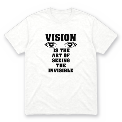 Vision graphic tee in white with black print, front view
