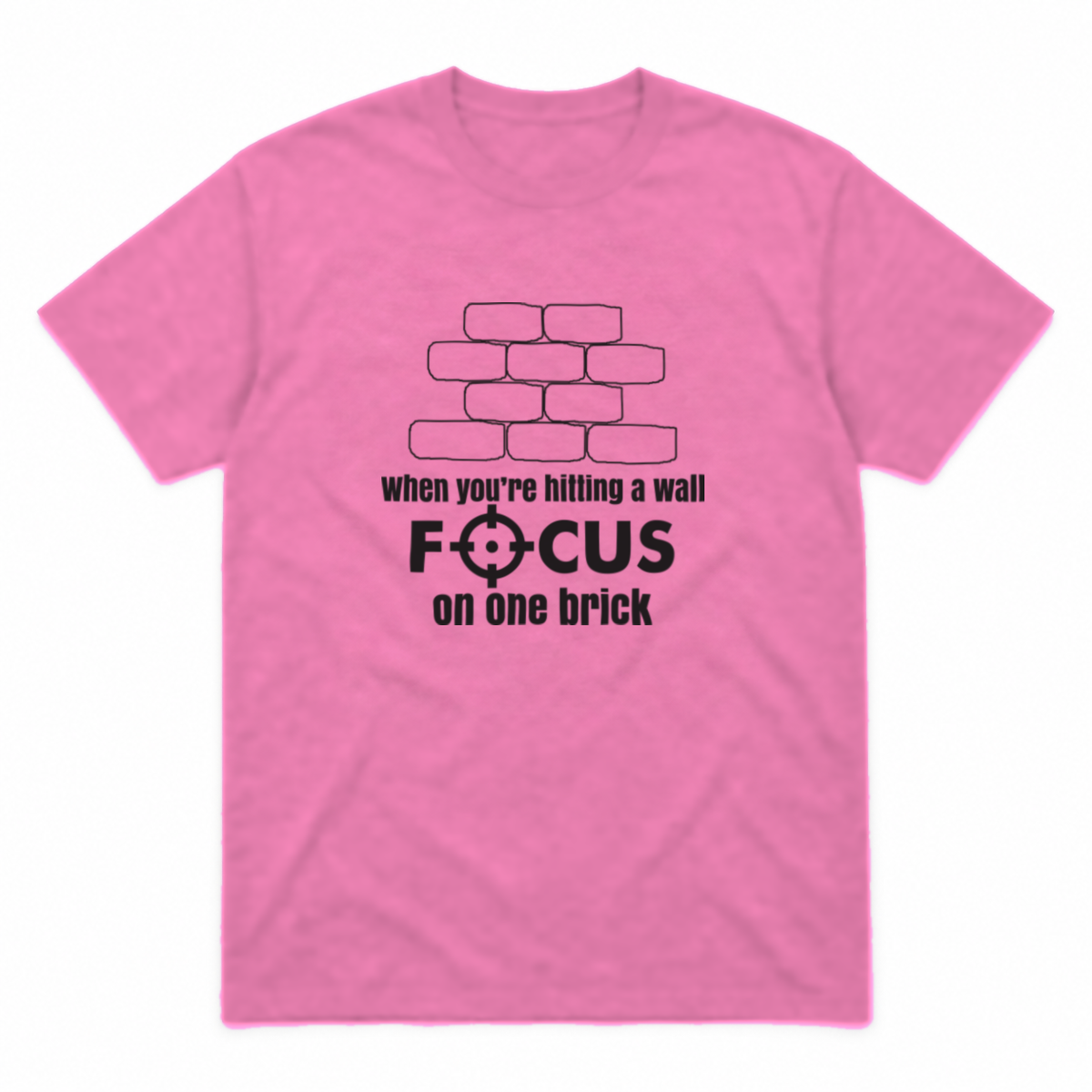 Focus on One Brick graphic tee in azalea with black print, front view