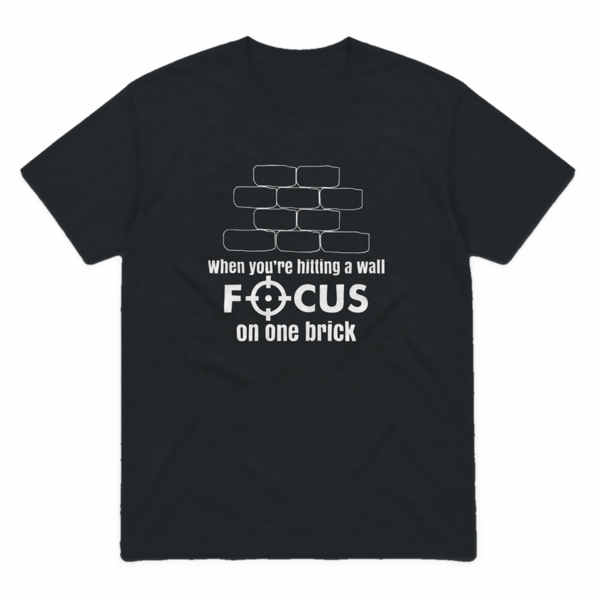 Focus on One Brick graphic tee in black with white print, front view