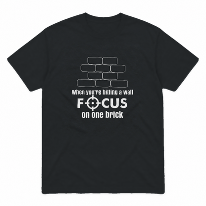 Focus on One Brick graphic tee in black with white print, front view