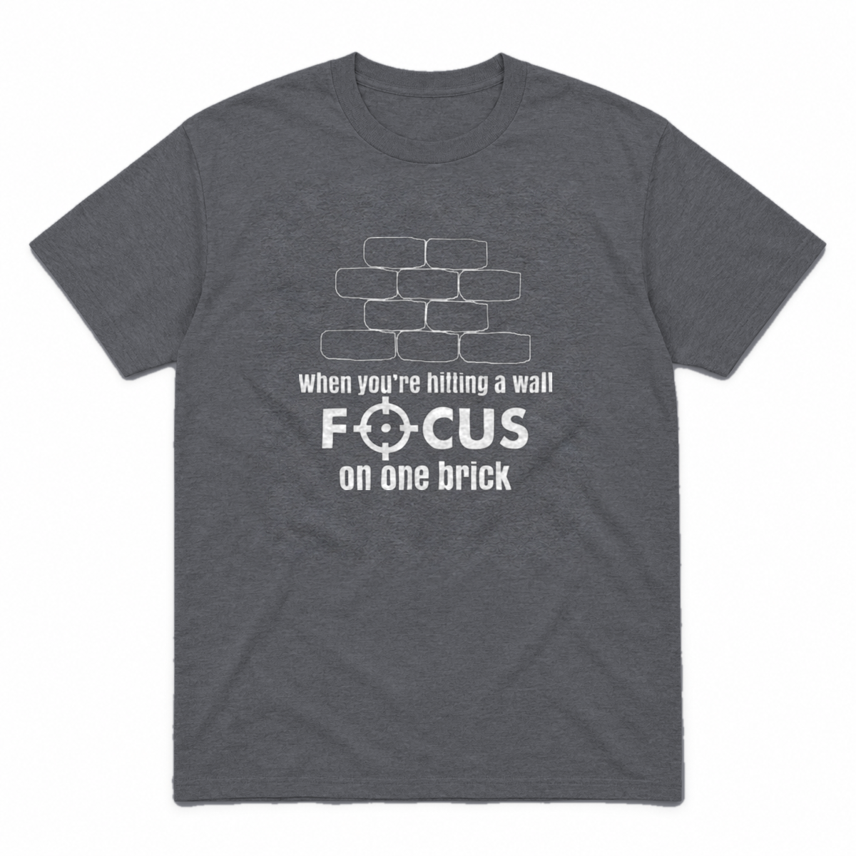 Focus on One Brick graphic tee in charcoal with white print, front view