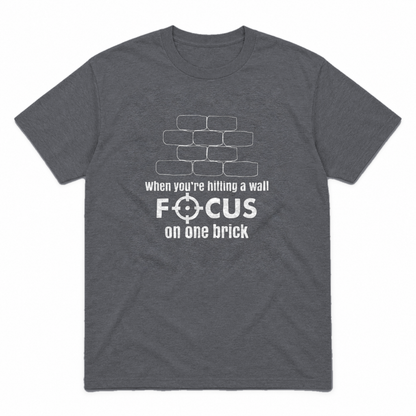 Focus on One Brick graphic tee in charcoal with white print, front view