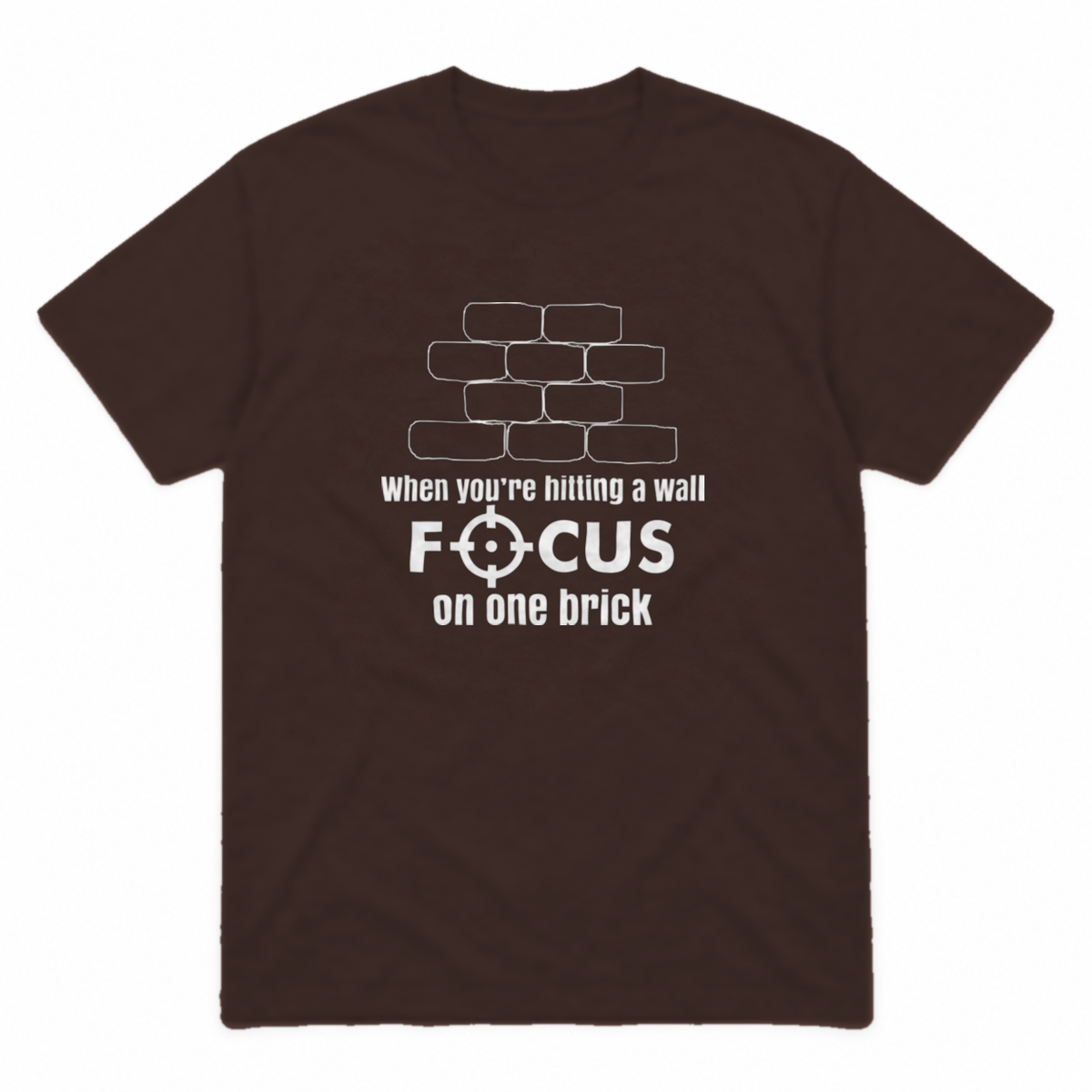Focus on One Brick graphic tee in dark chocolate with white print, front view