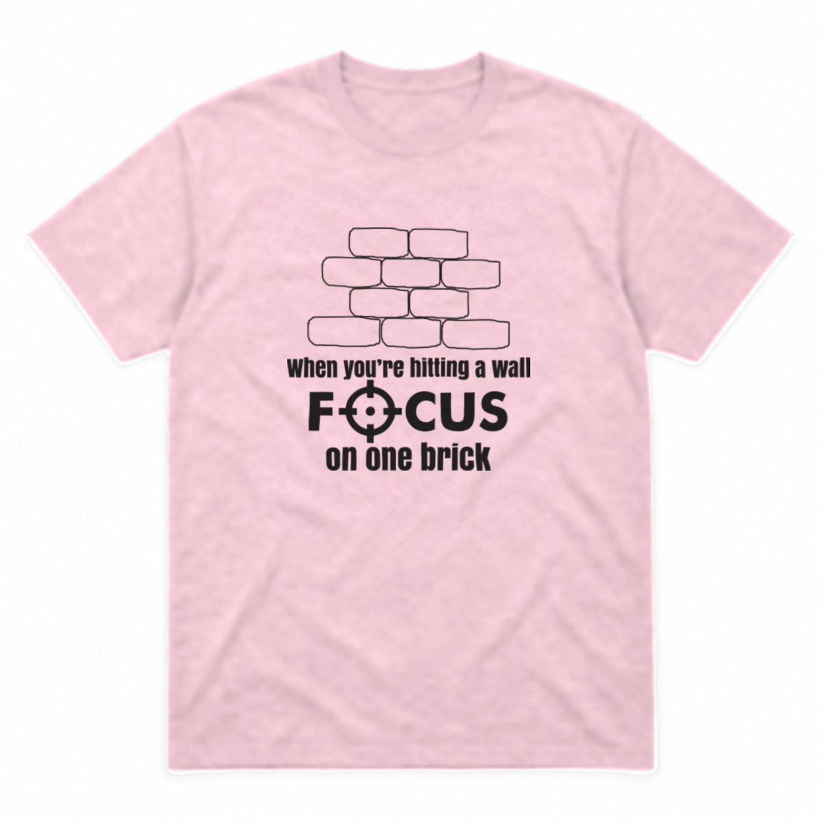 Focus on One Brick graphic tee in light pink with black print, front view