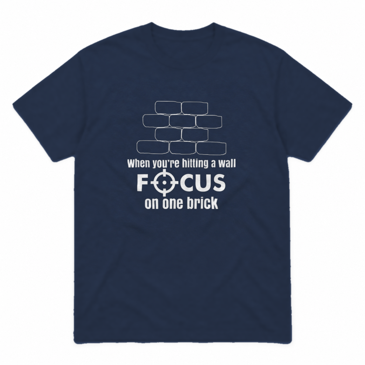 Focus on One Brick graphic tee in navy with white print, front view