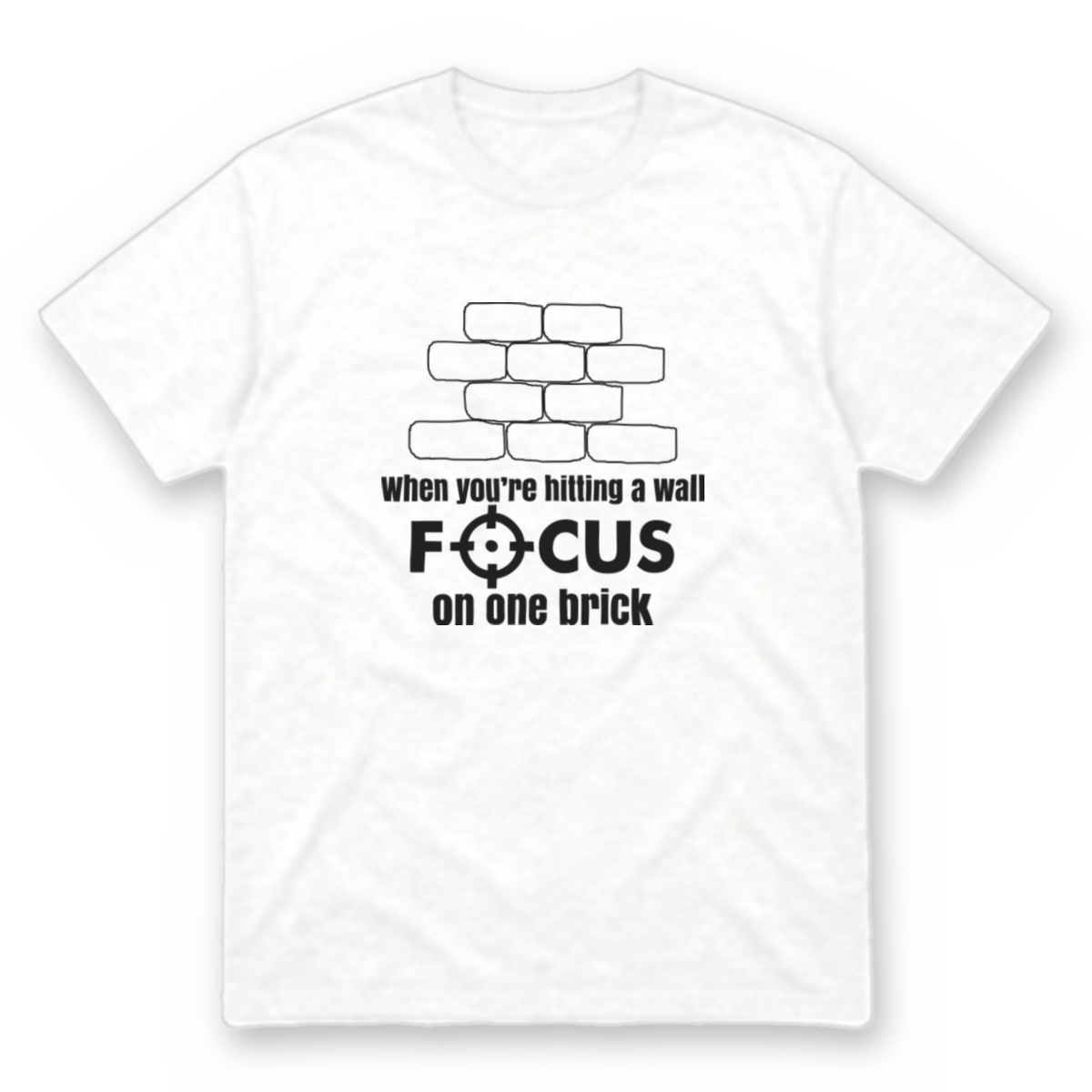 Focus on One Brick graphic tee in white with black print, front view