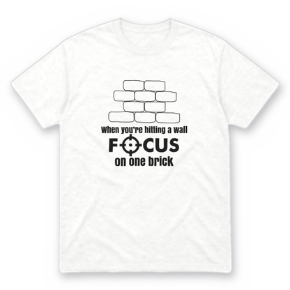 Focus on One Brick graphic tee in white with black print, front view