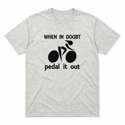 Pedal It Out graphic tee in ash with black print, front view