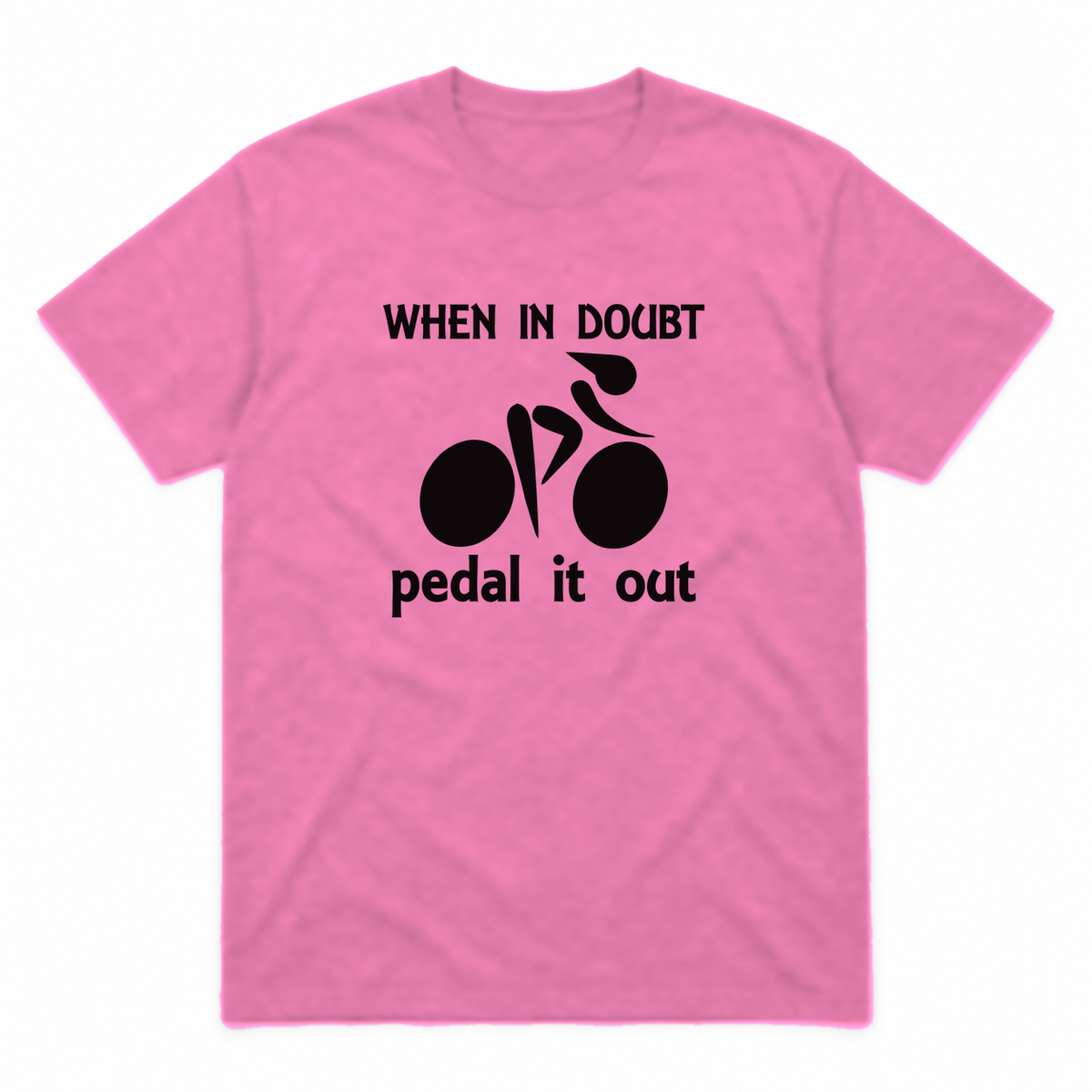 Pedal It Out graphic tee in azalea with black print, front view