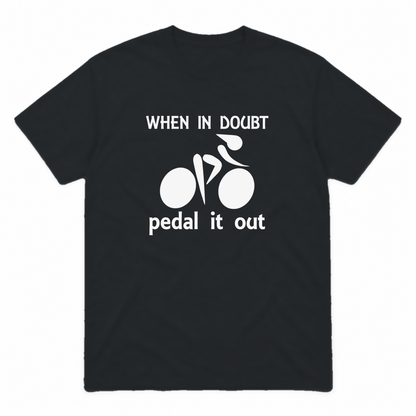 Pedal It Out graphic tee in black with white print, front view