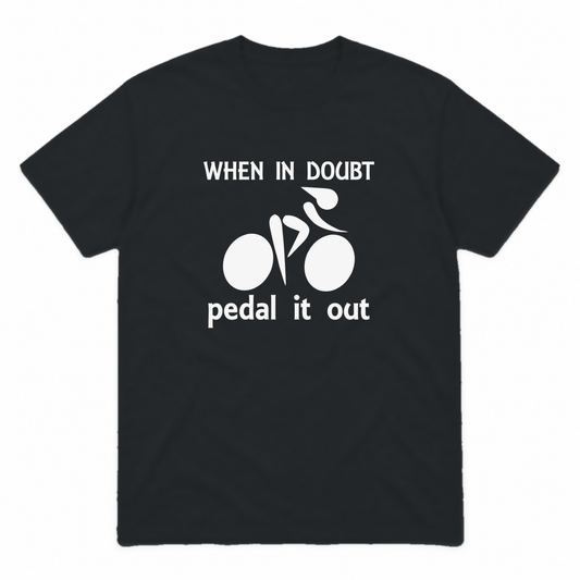 Pedal It Out graphic tee in black with white print, front view