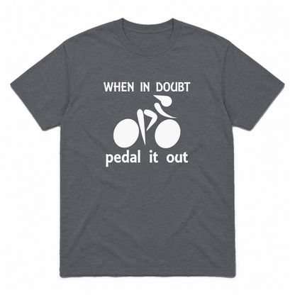 Pedal It Out graphic tee in charcoal with white print, front view