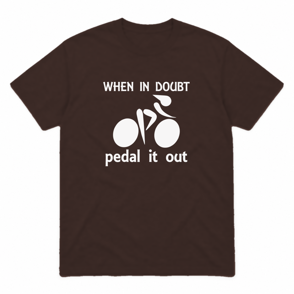 Pedal It Out graphic tee in dark chocolate with white print, front view
