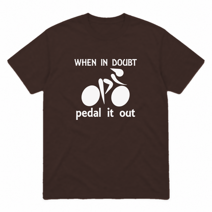 Pedal It Out graphic tee in dark chocolate with white print, front view