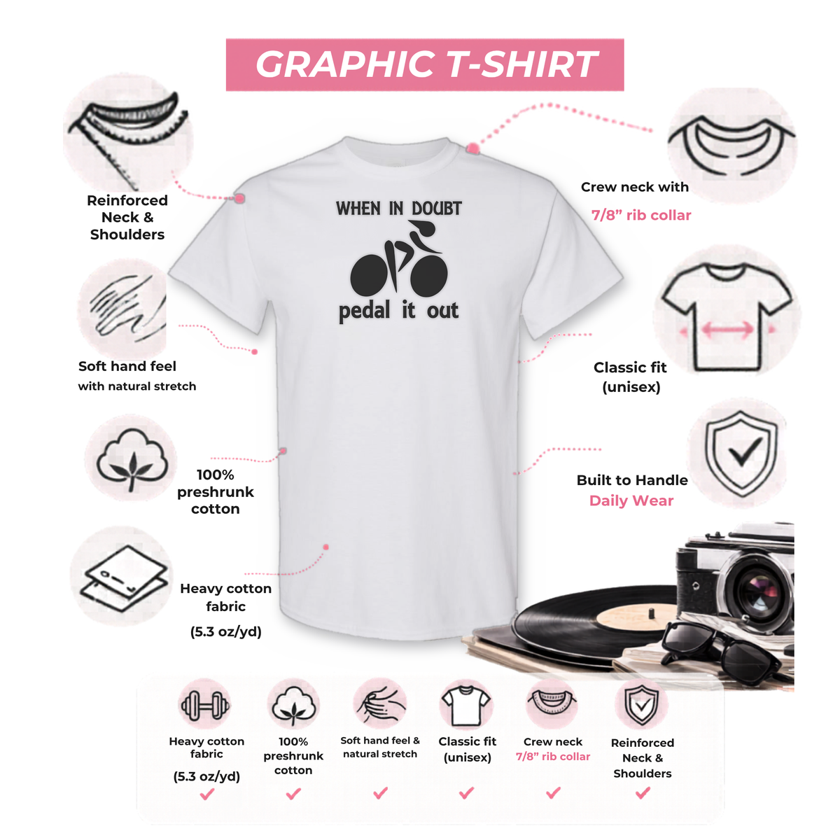 Gildan 5000 graphic tee features: reinforced neck, rib collar, classic unisex fit, heavy cotton