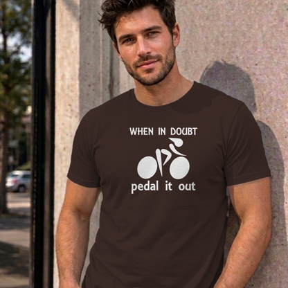 Man wearing the dark chocolate Pedal It Out graphic tee