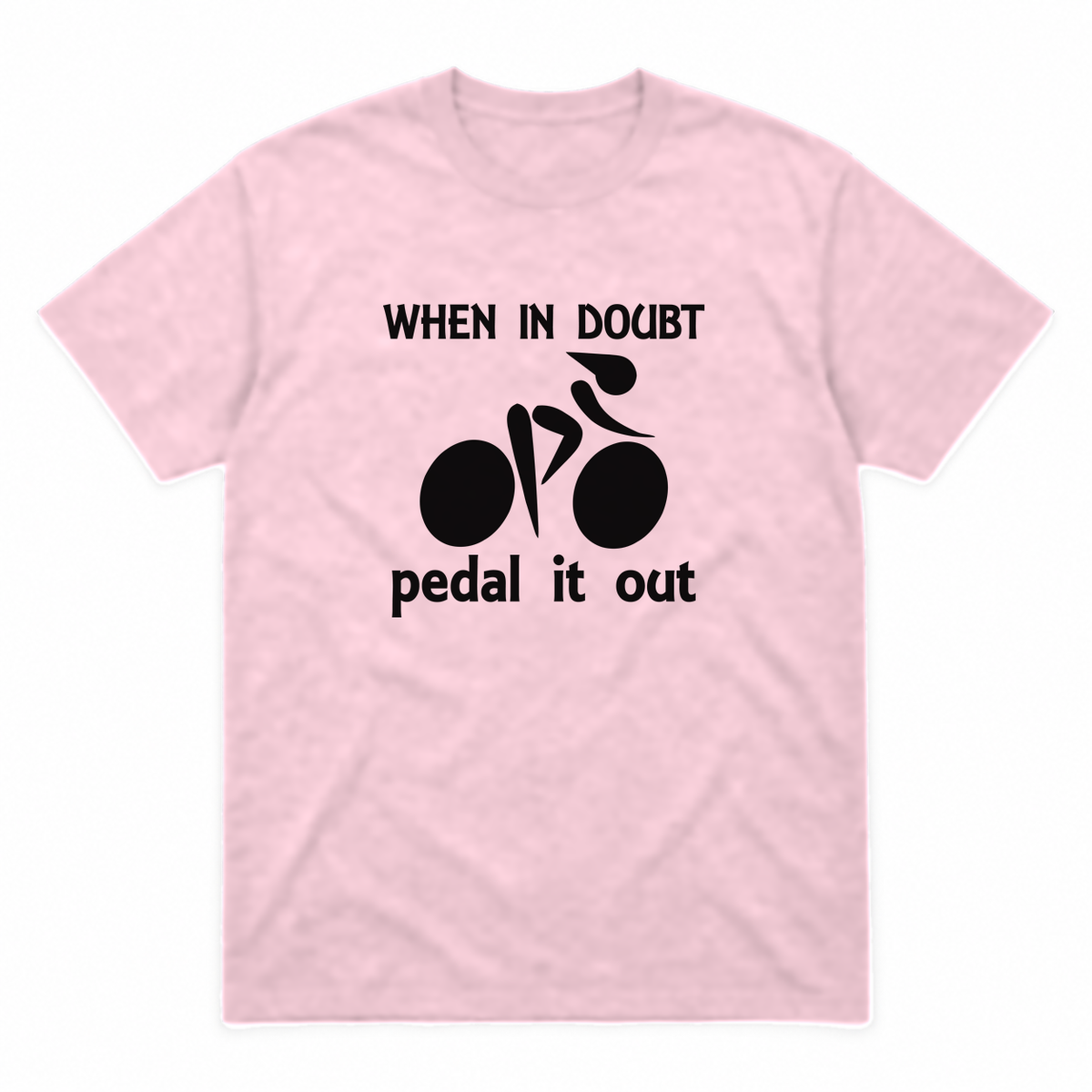 Pedal It Out graphic tee in light pink with black print, front view