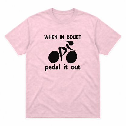 Pedal It Out graphic tee in light pink with black print, front view