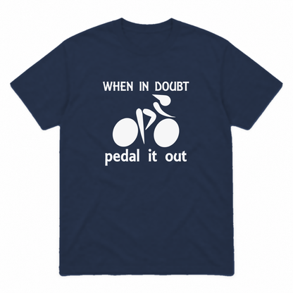 Pedal It Out graphic tee in navy with white print, front view