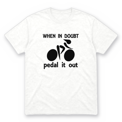 Pedal It Out graphic tee in white with black print, front view