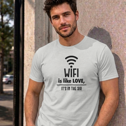 Man wearing the ash Wifi Is Like Love graphic tee