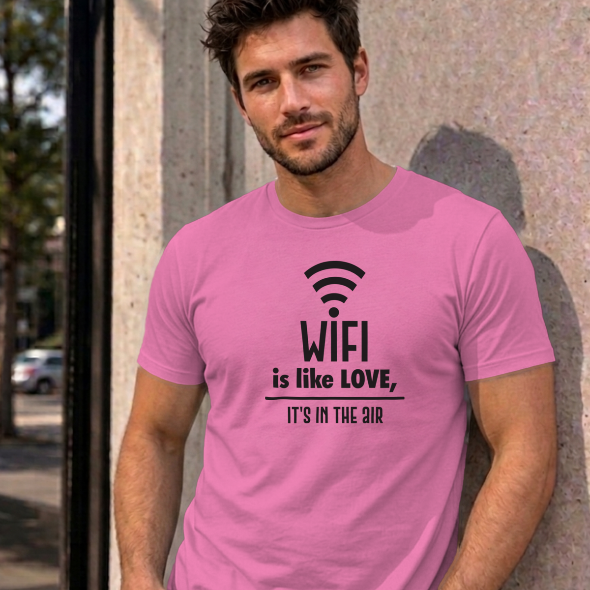 Man wearing the azalea Wifi Is Like Love graphic tee